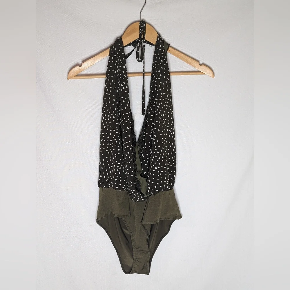 Escape by Blu Pepper Forest‎ Green Polka Dot Sz Large Bodysuit Halter Tie